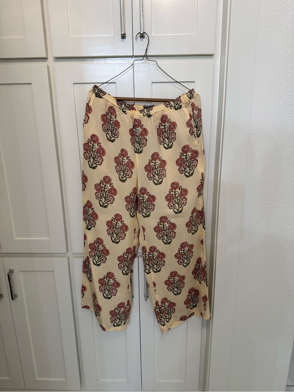 J. Crew Cream Wide-Leg Pants with Red Floral Print